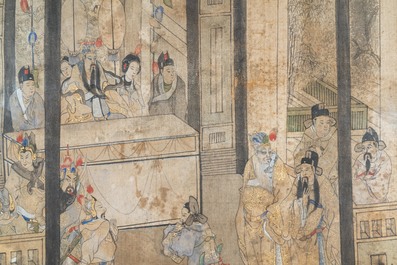 Chinese school, ink and color on silk: 'Palace scene with soldiers', Qing