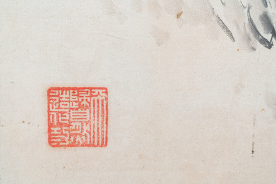 Mi Shan, encre et couleurs sur papier: 'Oiseaux aupr&egrave;s de bambou', dat&eacute; avril 1916