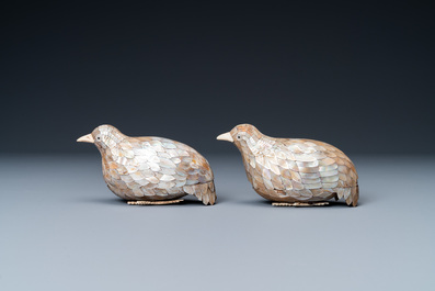 A pair of Chinese quail-shaped mother-of-pearl-set wooden boxes and covers, Qianlong mark, Qing