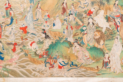 Chinese school, ink and color on canvas: 'Mountainous landscape with goddesses, mythical animals and boys', 19/20th C.