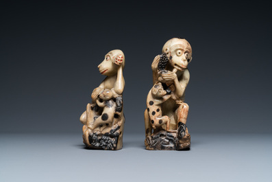 Two Chinese soapstone 'monkey' groups, 19th C.