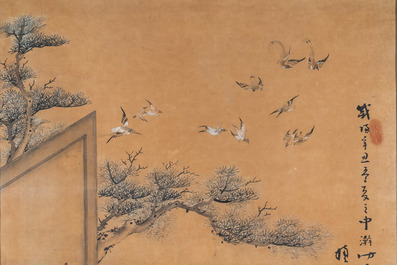 Jie San (20&egrave;me), encre et couleurs sur papier: 'Zhonghan, Xin Chou et Meng Xia devant un tableau'