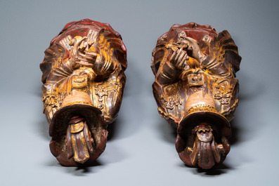 A pair of large Chinese or Vietnamese gilded, lacquered and painted wooden figures, 18/19th C.