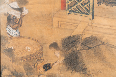 Chinese school, ink and color on paper: 'One of the ten kings of hell', Qing
