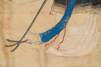 Chinese school, ink and color on silk: 'Magu with a crane', 18/19th C.