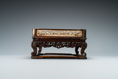 A Chinese square wooden tray with reticulated carved bone side panels, 18/19th C.