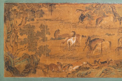 Chinese school, ink and color on paper: 'Horses and their caretakers in a landscape', Ming/Qing