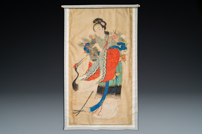 Chinese school, ink and color on silk: 'Magu with a crane', 18/19th C.