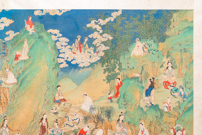 Chinese school, inkt en kleur op doek: 'Bergachtig landschap met godinnen, fabeldieren en jongens', 19/20e eeuw