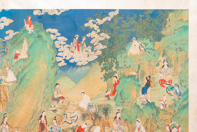 Chinese school, ink and color on canvas: 'Mountainous landscape with goddesses, mythical animals and boys', 19/20th C.