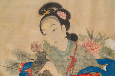 Ecole chinoise, encre et couleurs sur soie: 'Magu accompagn&eacute;e d'une grue', 18/19&egrave;me