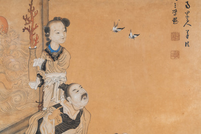 Jie San (20th C.), ink and color on paper: 'Zhonghan, Xin Chou and Meng Xia in front of a painting'