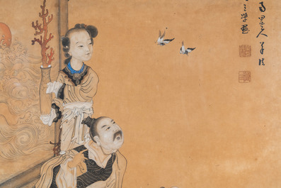 Jie San (20&egrave;me), encre et couleurs sur papier: 'Zhonghan, Xin Chou et Meng Xia devant un tableau'