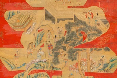 Chinese school, ink and color on paper: 'Shou painting with immortals', 19th C.