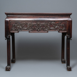 A Chinese wooden marble top table, 19/20th C.