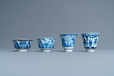 Quarante-six tasses et vingt-cinq soucoupes en porcelaine de Chine en bleu et blanc, divers marques, 19&egrave;me