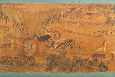 Chinese school, inkt en kleur op papier: 'Paarden en hun verzorgers in een landschap', Ming/Qing