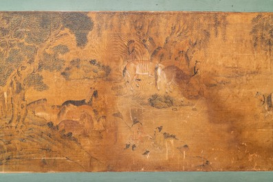 Chinese school, ink and color on paper: 'Horses and their caretakers in a landscape', Ming/Qing
