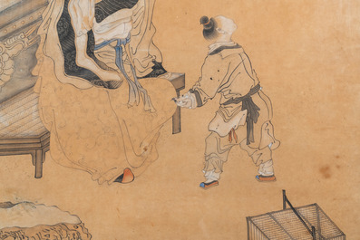 Jie San (20&egrave;me), encre et couleurs sur papier: 'Zhonghan, Xin Chou et Meng Xia devant un tableau'