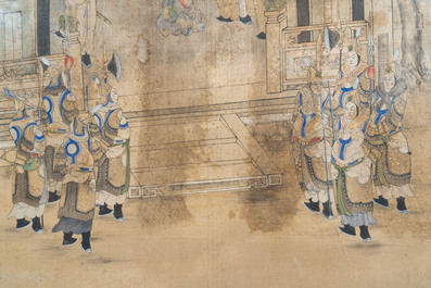 Chinese school, ink and color on silk: 'Palace scene with soldiers', Qing