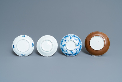 Nine Chinese blue and white and famille rose saucers and six cups, Kangxi/Qianlong