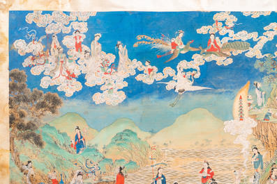 Chinese school, ink and color on canvas: 'Mountainous landscape with goddesses, mythical animals and boys', 19/20th C.