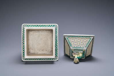 A Chinese reticulated verte biscuit censer and cover, 19th C.