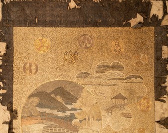A large Japanese silk embroidery with landscape medallions, Meiji, 19th C.