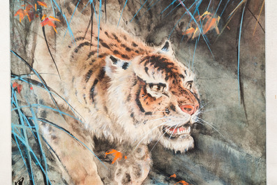 Chinese school, ink and color on paper: 'Crouching tiger', 20th C.