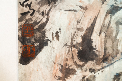 Chinese school, ink and color on paper: 'Crouching tiger', 20th C.