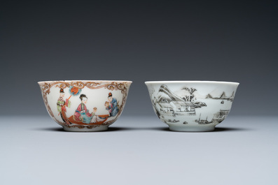 Deux tasses et soucoupes en porcelaine de Chine famille rose et grisaille, Yongzheng/Qianlong