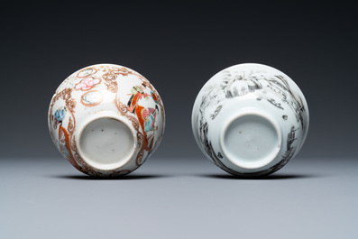 Two Chinese famille rose and grisaille cups and saucers, Yongzheng/Qianlong