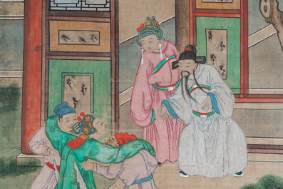 Chinese school, ink and color on canvas: 'Four narrative scenes', 19th C.