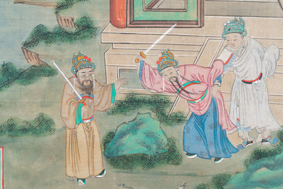 Chinese school, ink and color on canvas: 'Four narrative scenes', 19th C.