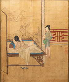 Chinese school, ink and color on silk: Eight erotic and romantic scenes, 18/19th C.