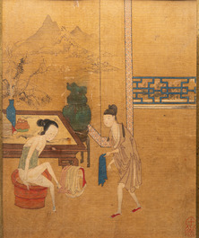 Chinese school, ink and color on silk: Eight erotic and romantic scenes, 18/19th C.