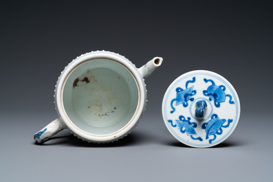 A Chinese blue and white 'antiquities' teapot and cover, Kangxi