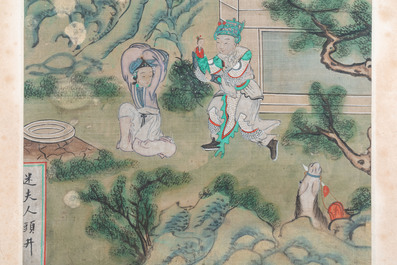 Ecole chinoise, encre et couleurs sur toile: 'Quatre sc&egrave;nes narratives', 19&egrave;me