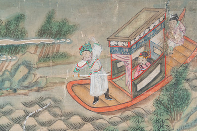 Chinese school, ink and color on canvas: 'Four narrative scenes', 19th C.