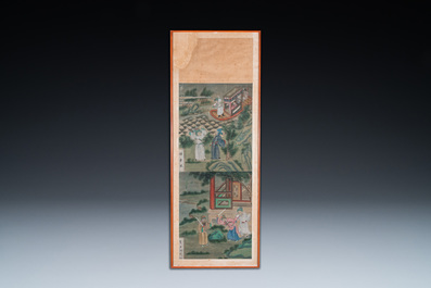 Chinese school, ink and color on canvas: 'Four narrative scenes', 19th C.