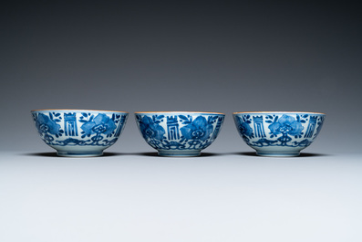 Three Chinese blue and white 'Shou' bowls, Kangxi