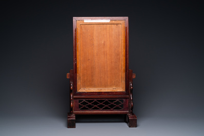 A Chinese wooden table screen with a qianjiang cai plaque, 19th C.