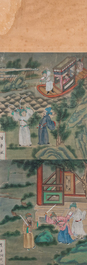 Chinese school, inkt en kleur op doek: 'Vier verhalende taferelen', 19e eeuw