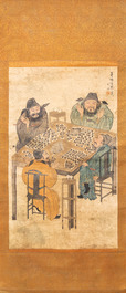 Naar You Qiu (ca. 1525-1580), druk opgehoogd met inkt en kleur op papier: 'Vier mahjong-spelers', 20e eeuw