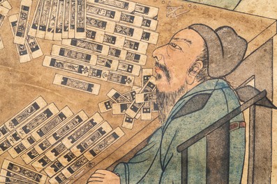 D'apr&egrave;s You Qiu (ca. 1525-1580), estampe rehauss&eacute; d'encre et couleurs: 'Quatre joueurs de mahjong', 20&egrave;me
