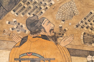 Naar You Qiu (ca. 1525-1580), druk opgehoogd met inkt en kleur op papier: 'Vier mahjong-spelers', 20e eeuw