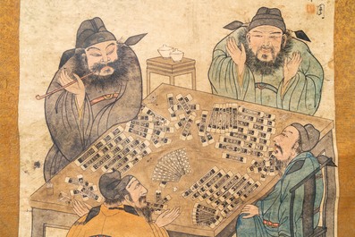 D'apr&egrave;s You Qiu (ca. 1525-1580), estampe rehauss&eacute; d'encre et couleurs: 'Quatre joueurs de mahjong', 20&egrave;me