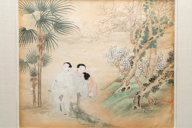 Ecole chinoise, encre et couleurs sur papier: trois sc&egrave;nes narratives, 19&egrave;me