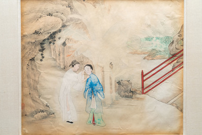 Chinese school, inkt en kleur op papier: drie verhalende sc&egrave;nes, 19e eeuw