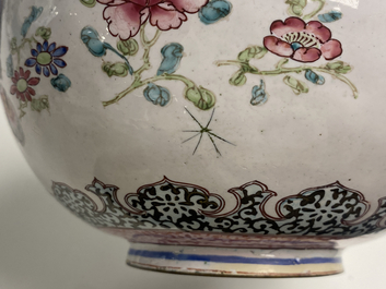 A Chinese Canton enamel teapot on warming stand, Qianlong